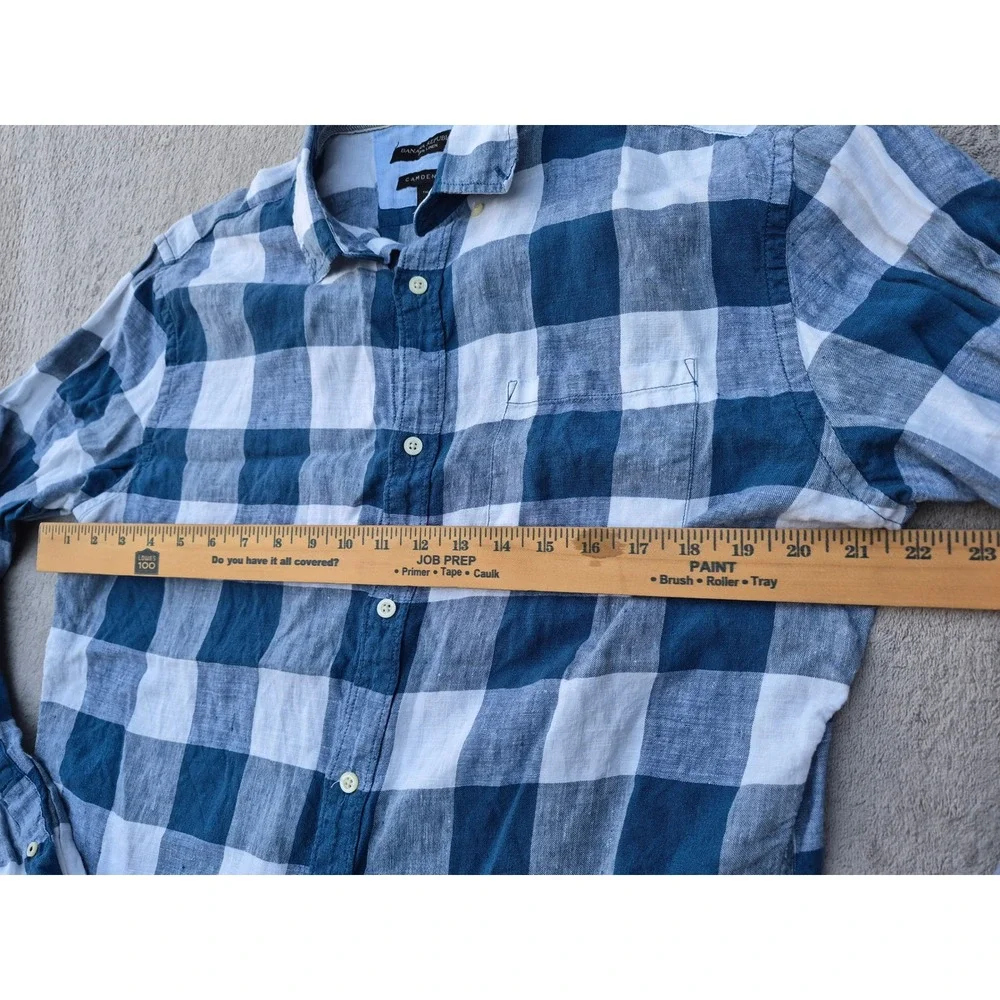 Banana Republic Mens Camden Fit 100% Linen Blue White Buffalo Check Shirt L Tall